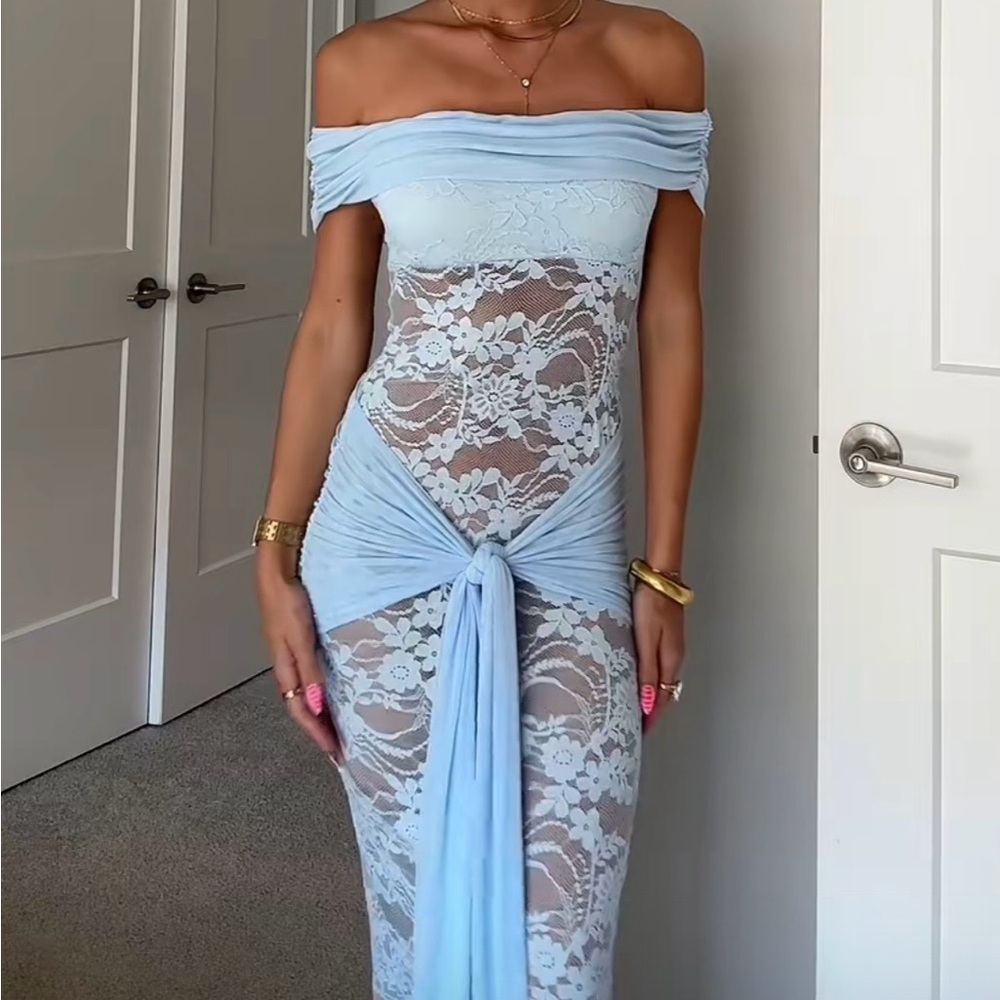 Elegant Off-Shoulder Lace Dress in Light Blue